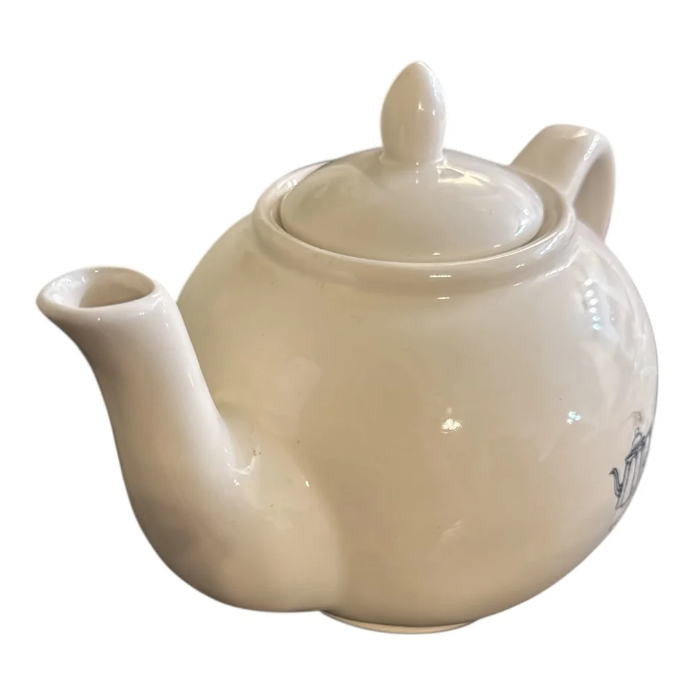 Vintage Farmhouse Ceramic Teapot, Cream Color with Tea Icon Design